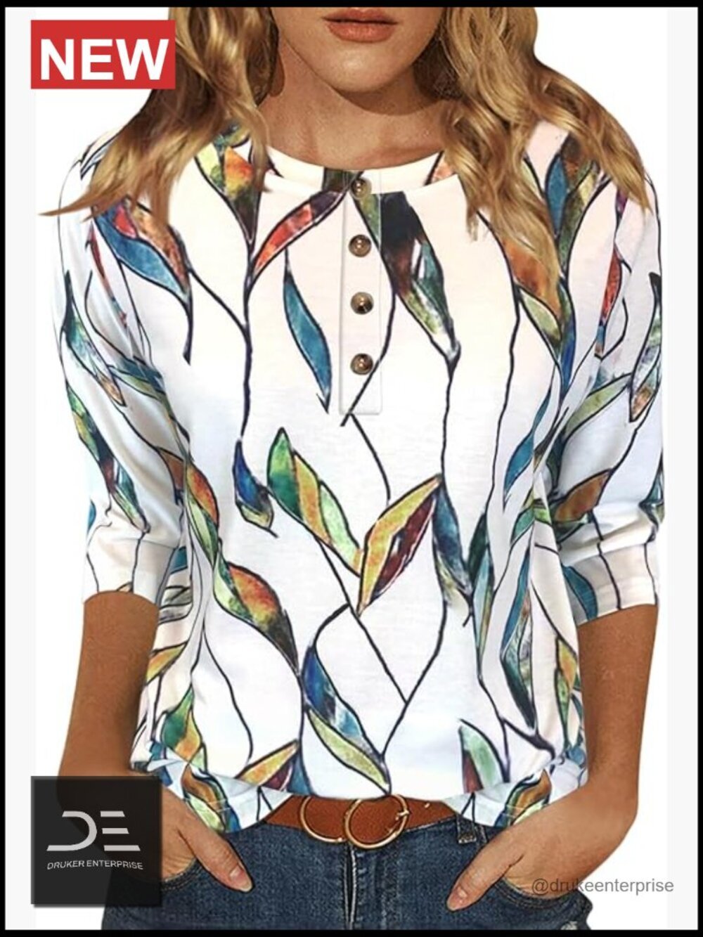 Women's Floral 3/4 Sleeve Crew Neck Tunic Blouse